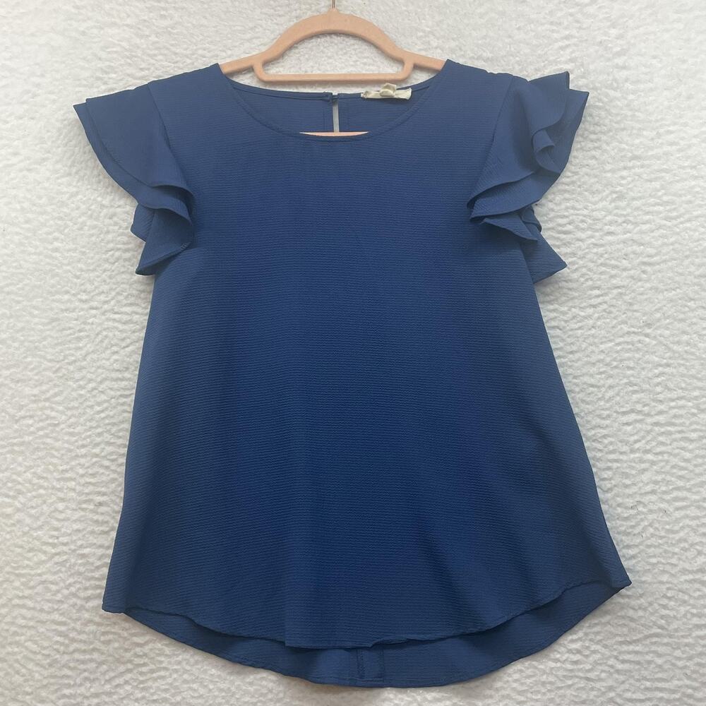 E&M Blouse Womens Small Blue Flutter Ruffle Sleeve Textured Anthropologie Top